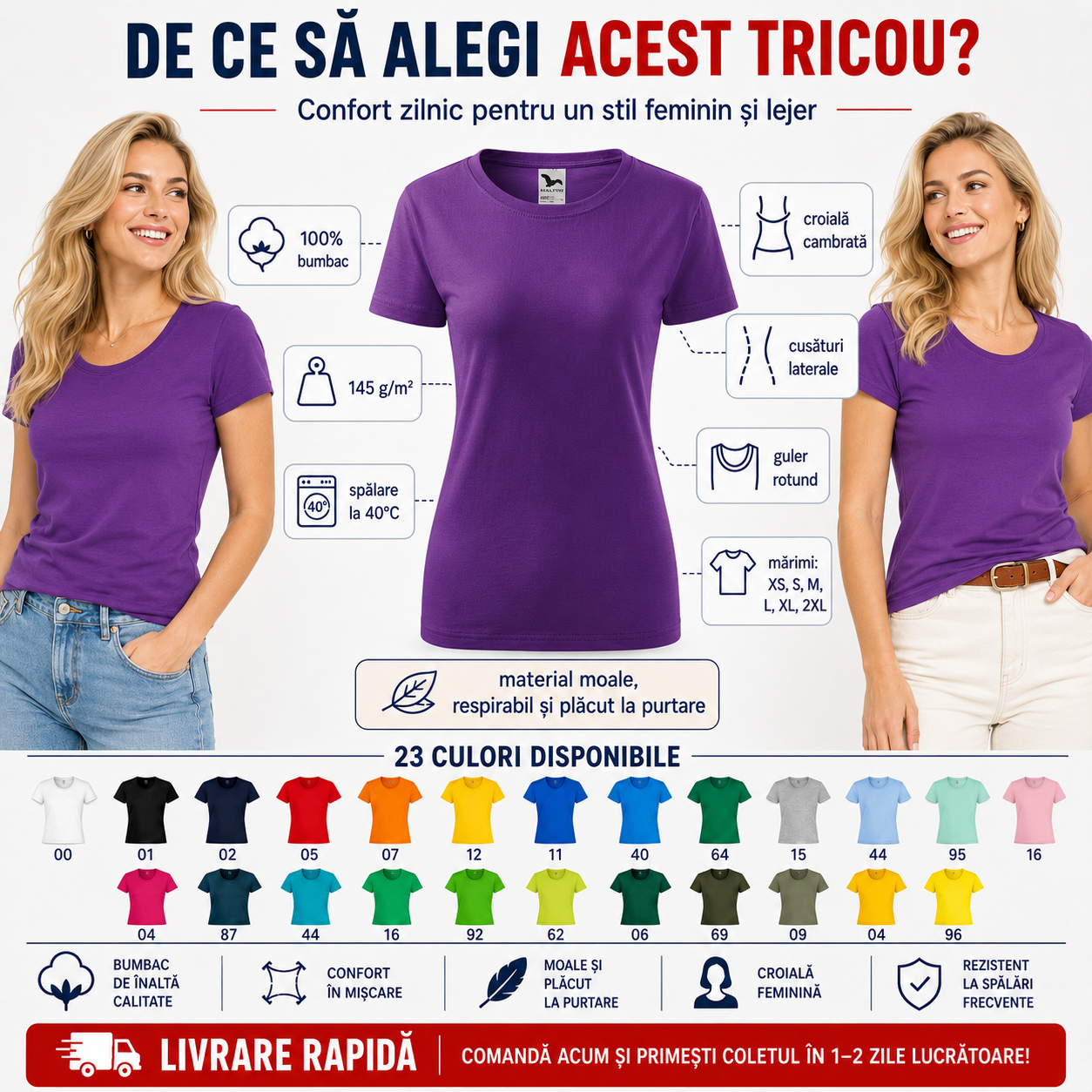 Beneficii tricou damă Malfini 133 Classic New, 100% bumbac, croială cambrată și guler rotund
